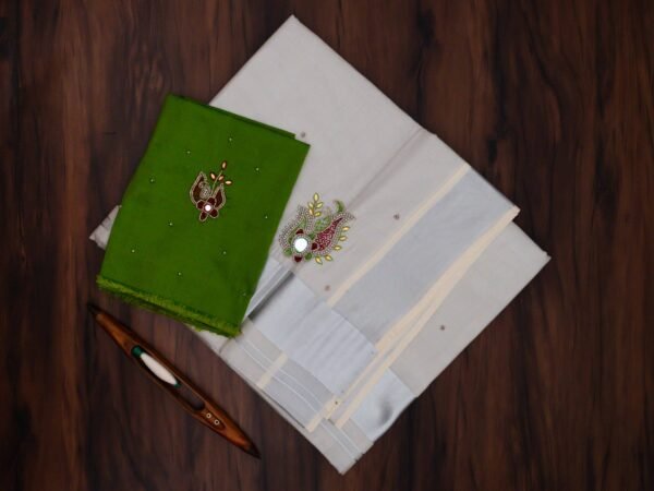 Premium Silver Tissue Embroidered Kerala Saree with Additional Blouse - Image 2