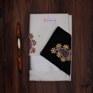 Premium Silver Tissue Embroidered Kerala Saree with Additional Blouse