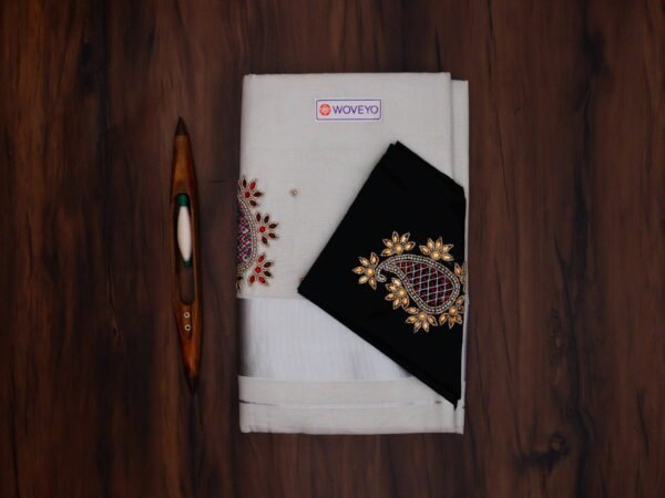 Premium Silver Tissue Embroidered Kerala Saree with Additional Blouse