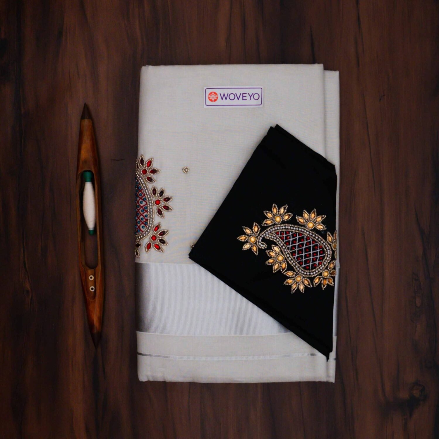 Premium Silver Tissue Embroidered Kerala Saree with Additional Blouse