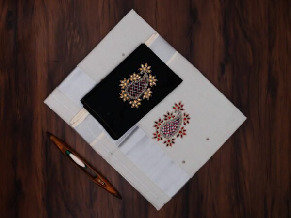 Premium Silver Tissue Embroidered Kerala Saree with Additional Blouse - Image 2