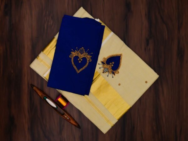 Premium Tissue Embroidered Kerala Saree with Additional Blouse - Image 2