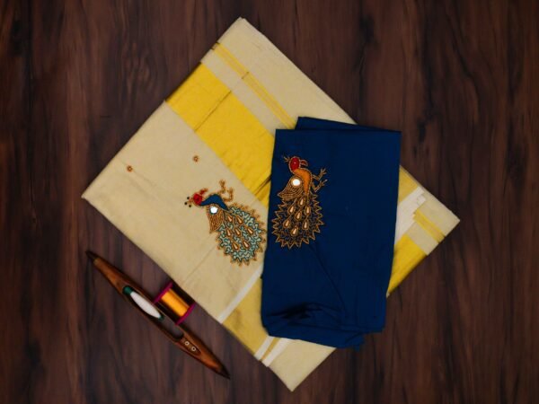Premium Tissue Embroidered Kerala Saree with Additional Blouse - Image 2