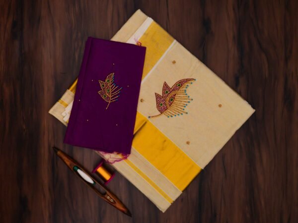 Premium Tissue Embroidered Kerala Saree with Additional Blouse - Image 2