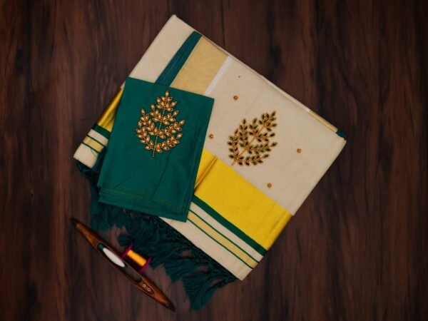 Premium Tissue Embroidered Kerala Saree with Additional Blouse - Image 2