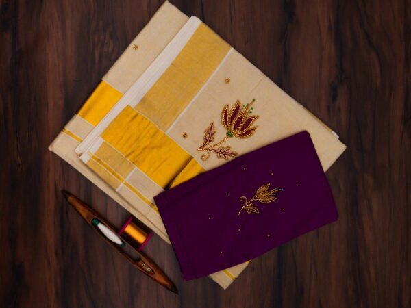 Premium Tissue Embroidered Kerala Saree with Additional Blouse - Image 2