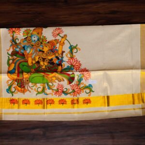 Radha Krishna Mural Print Kerala Tissue Saree