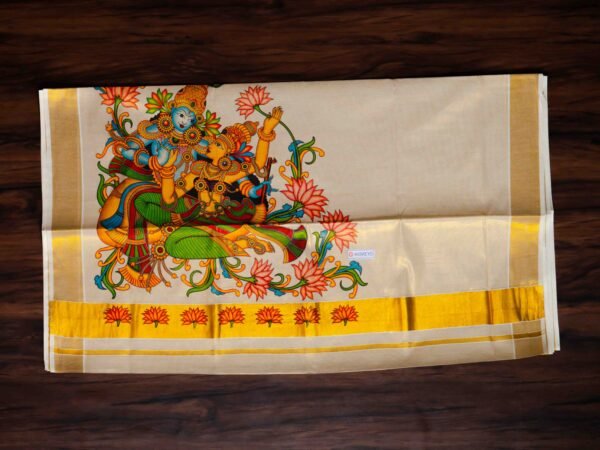 Radha Krishna Mural Print Kerala Tissue Saree