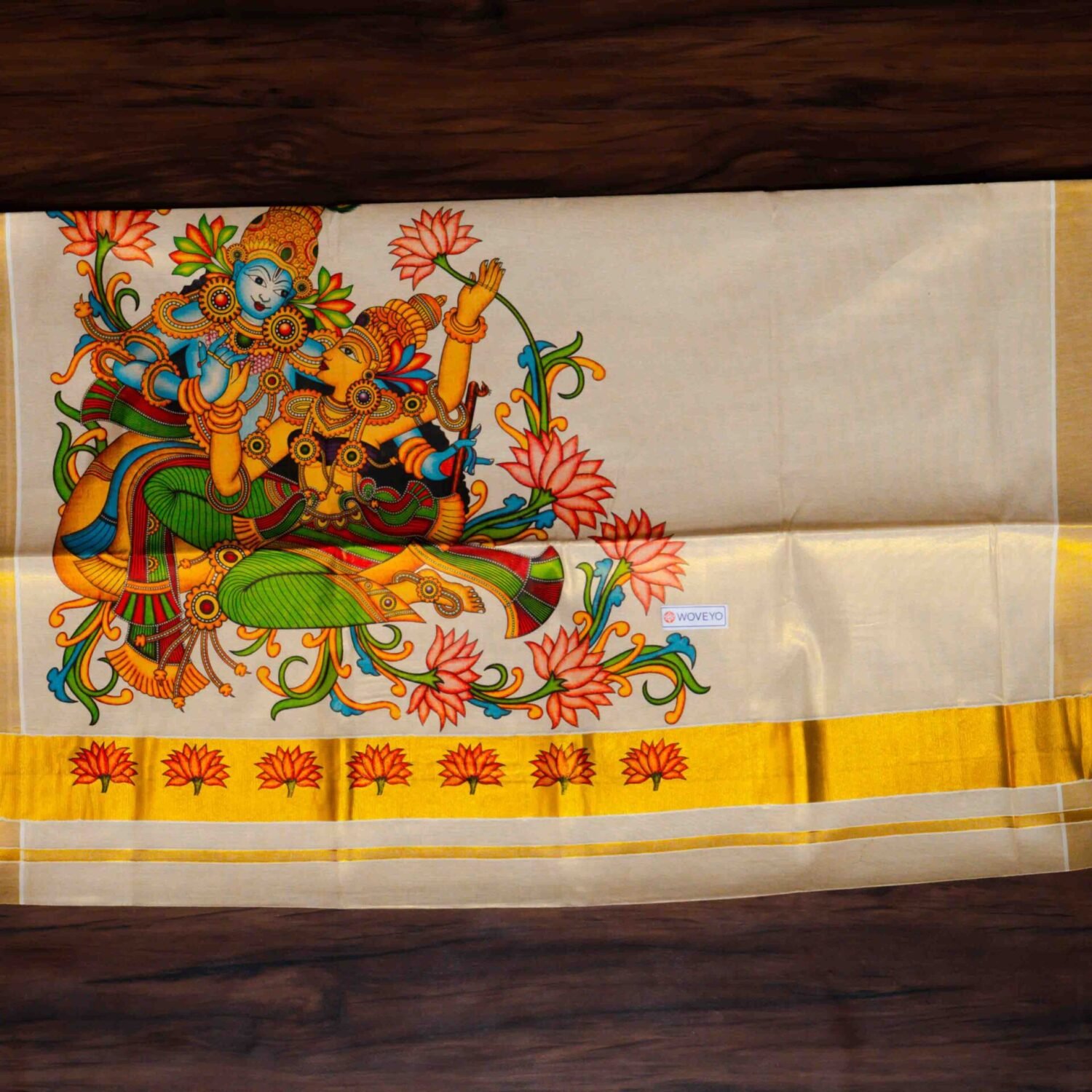 Radha Krishna Mural Print Kerala Tissue Saree