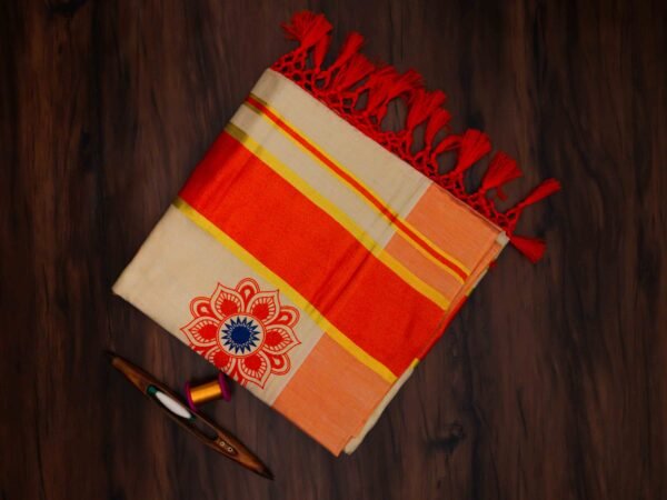 Floral Mural Print Kerala Tissue Saree with Tassels - Image 2