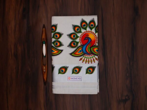 Kerala Silver Tissue Saree with Peacock Mural Print