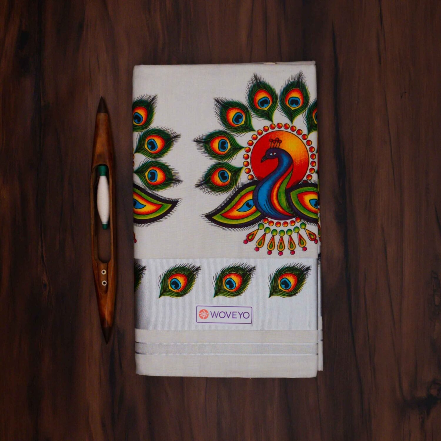 Kerala Silver Tissue Saree with Peacock Mural Print