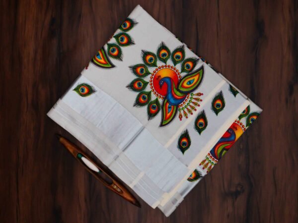 Kerala Silver Tissue Saree with Peacock Mural Print - Image 2