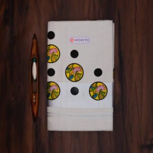 Kerala Silver Tissue Saree with Polka Dot Mural Print