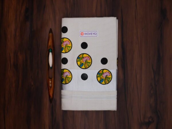 Kerala Silver Tissue Saree with Polka Dot Mural Print