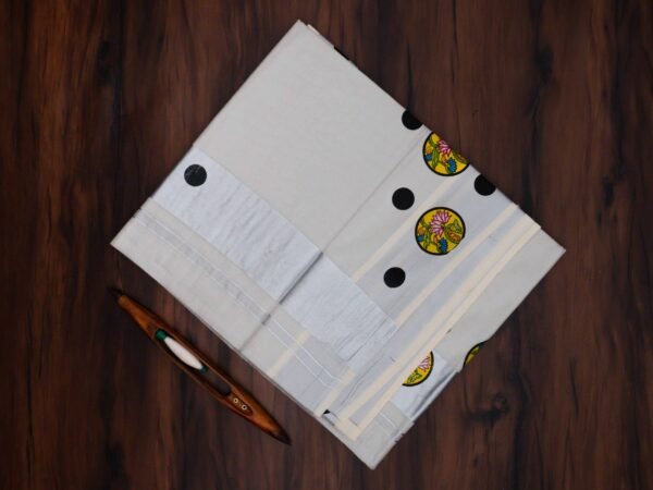 Kerala Silver Tissue Saree with Polka Dot Mural Print - Image 2