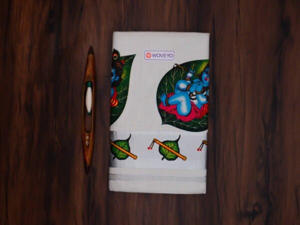 Kerala Silver Tissue Saree with Little Krishna Mural Print