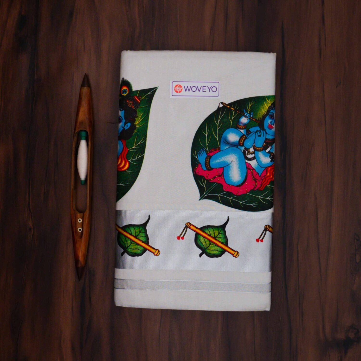 Kerala Silver Tissue Saree with Little Krishna Mural Print