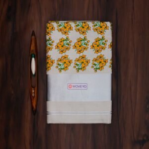 Kerala Silver Tissue Saree with Kanikkonna Mural Print