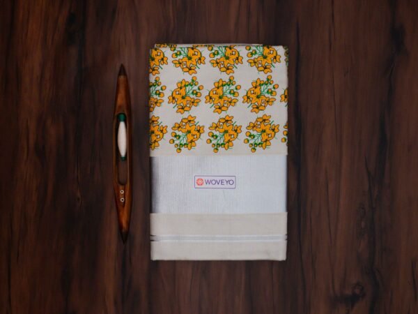Kerala Silver Tissue Saree with Kanikkonna Mural Print