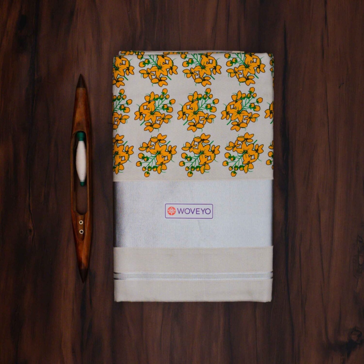 Kerala Silver Tissue Saree with Kanikkonna Mural Print
