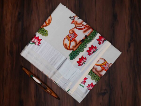 Kerala Silver Tissue Saree with Mural Print - Image 2
