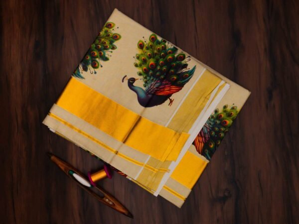 Peacock Print Kerala Tissue Saree - Image 2