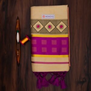Kerala Mural Print Golden Tissue Saree with Tassels
