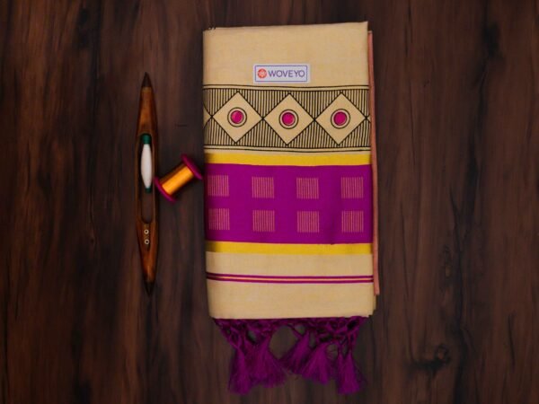 Kerala Mural Print Golden Tissue Saree with Tassels