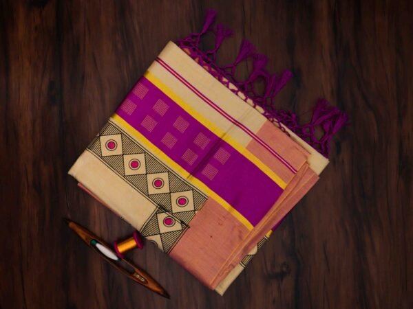 Kerala Mural Print Golden Tissue Saree with Tassels - Image 2