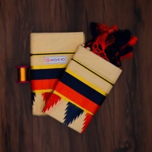 Temple Design Mural Print Kerala Tissue Set Mundu with Tassels