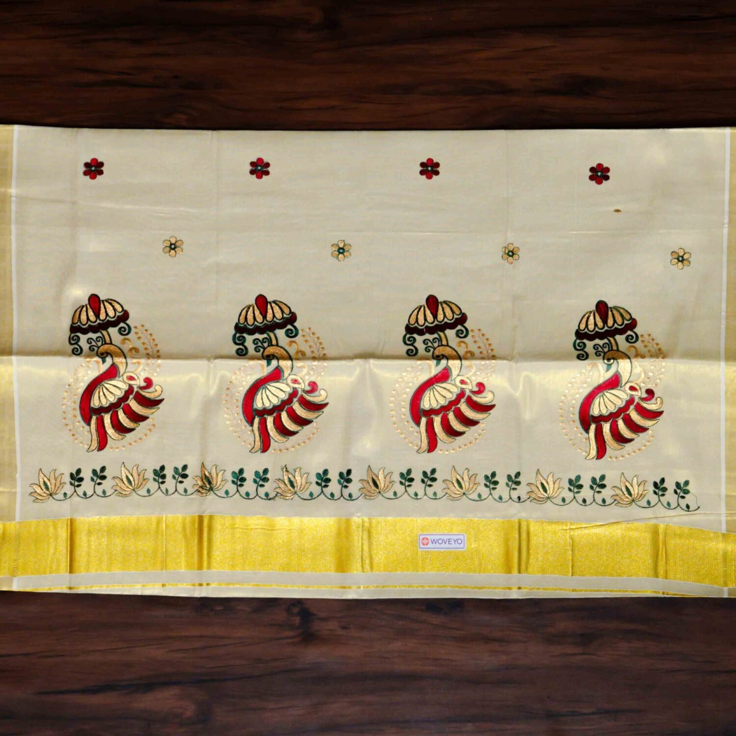 Peacock Tissue Embroidered Kerala Saree