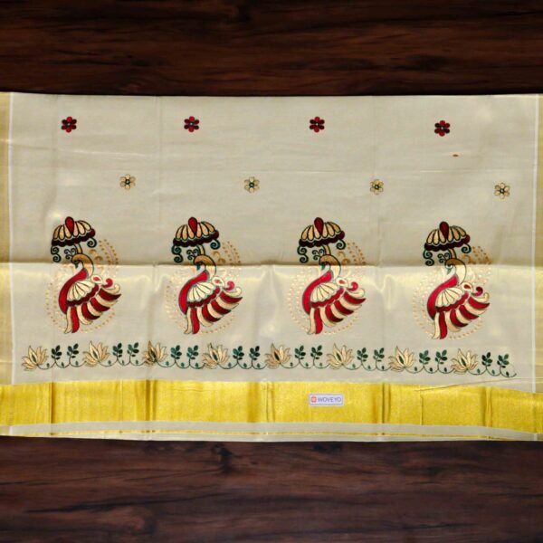 Peacock Tissue Embroidered Kerala Saree