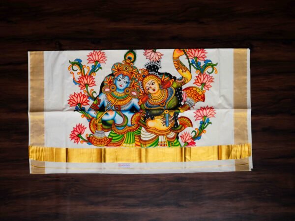 Radha Krishna Mural Print Kerala Cotton Saree