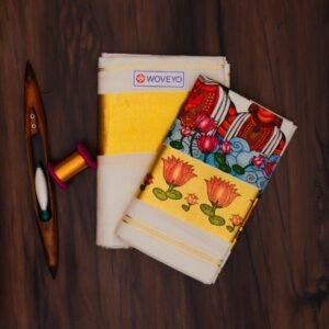 Golden Zari Mural Print Kerala Cotton Set Mundu