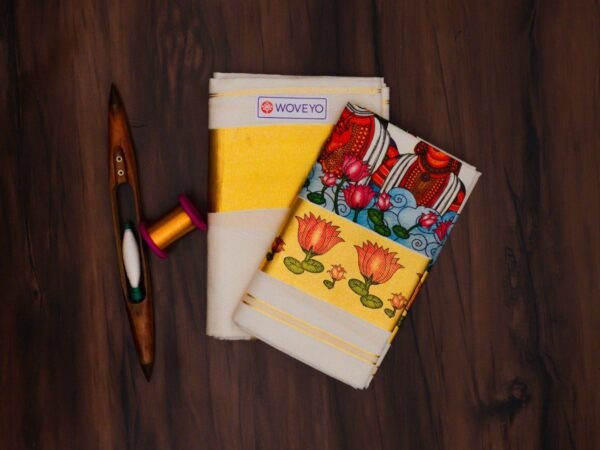 Golden Zari Mural Print Kerala Cotton Set Mundu