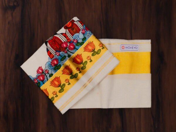 Golden Zari Mural Print Kerala Cotton Set Mundu - Image 2
