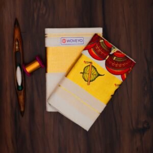 Golden Zari Mural Print Kerala Cotton Set Mundu