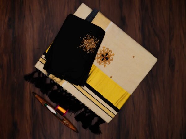 Premium Tissue Embroidered Kerala Saree with Additional Blouse - Image 2