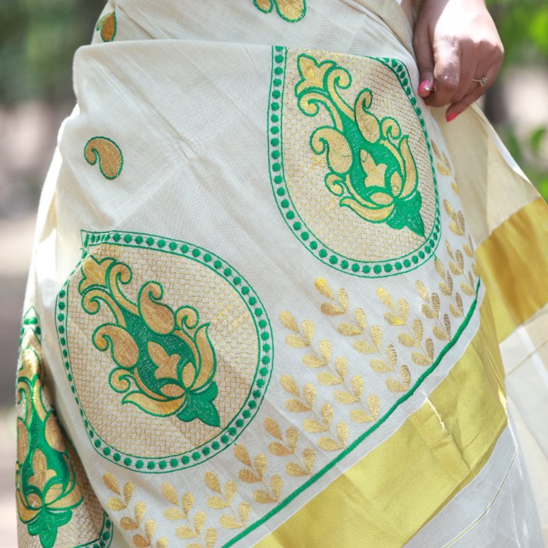 Floral Design Kerala Embroidery Tissue Saree from Kuthampully - Image 2