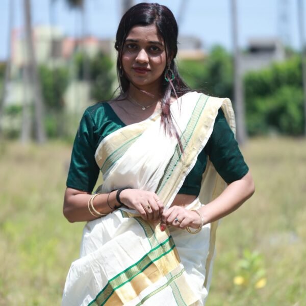 Premium Green & Golden Zari Mix Kerala Cotton Saree