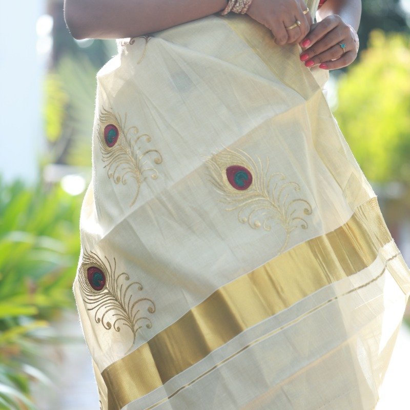 Peacock Leaf Kerala Embroidery Tissue Saree from Kuthampully - Image 2