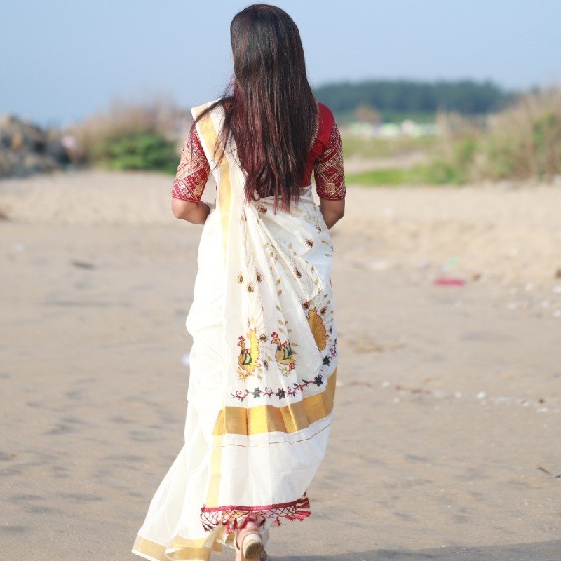Peacock Embroidered Kerala Cotton Saree with Tassels