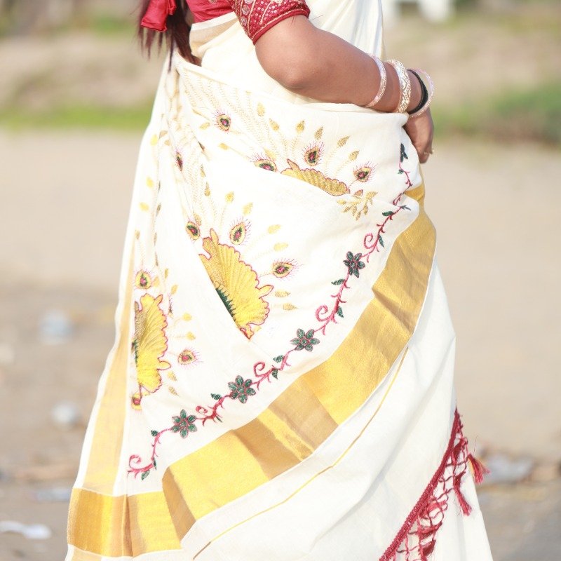 Peacock Embroidered Kerala Cotton Saree with Tassels - Image 3
