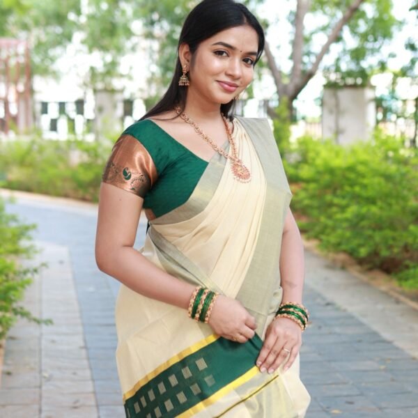 Kerala Tissue Saree with Square Design Pallu from Kuthampully