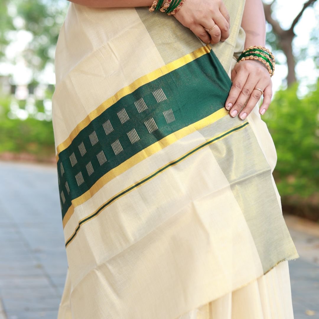 Kerala Tissue Saree with Square Design Pallu from Kuthampully - Image 3