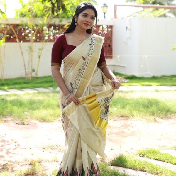 Floral Mural Print Kerala Tissue Saree