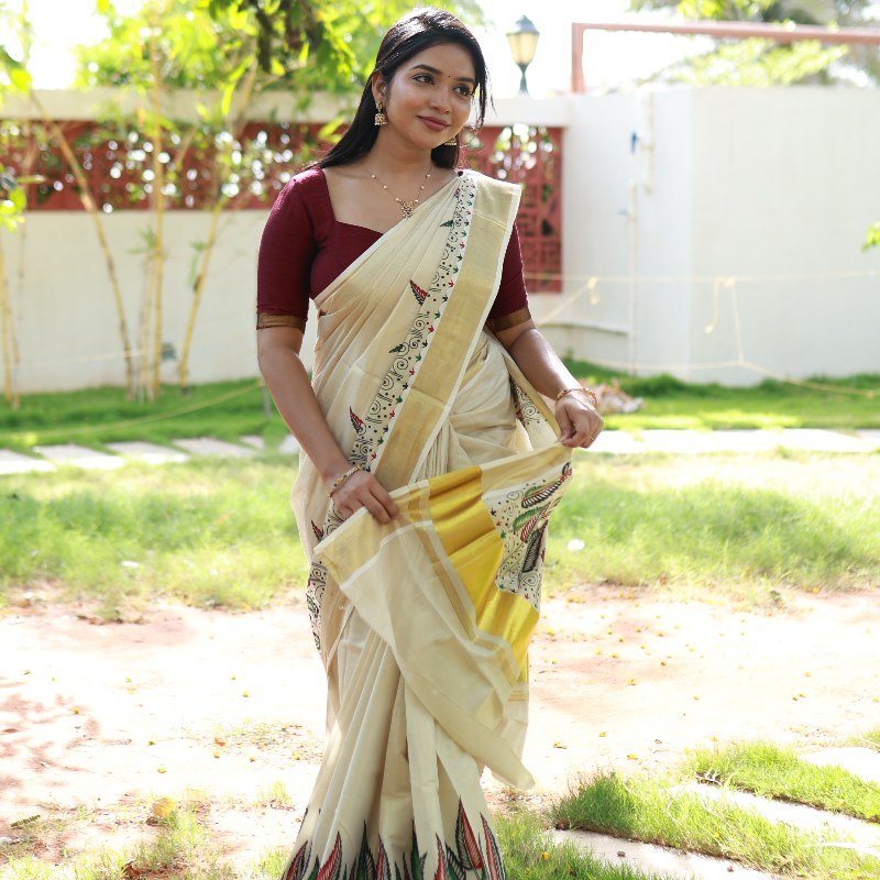 Floral Mural Print Kerala Tissue Saree