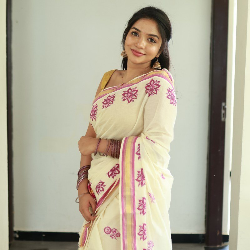 Kerala Cotton Floral Print Saree from Kuthampully - Image 2