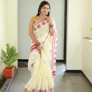 Kerala Cotton Floral Print Saree from Kuthampully